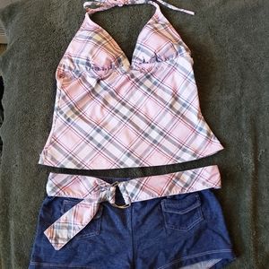 Bathing suit set - pink plaid blue shorts S